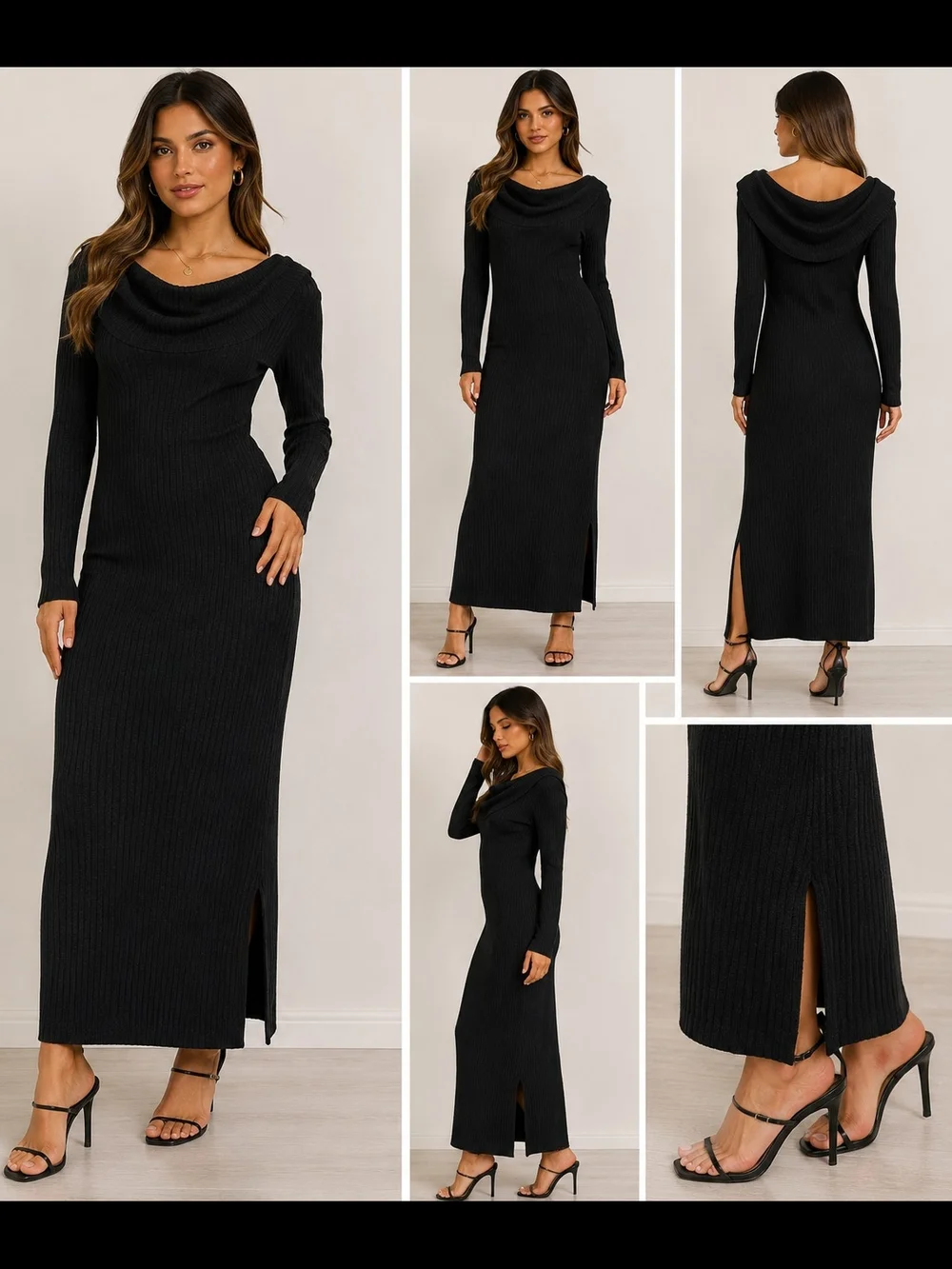 Fashion Nova Black Ribbed Maxi Sweater Dress Cowl Neck Long Sleeve Side
